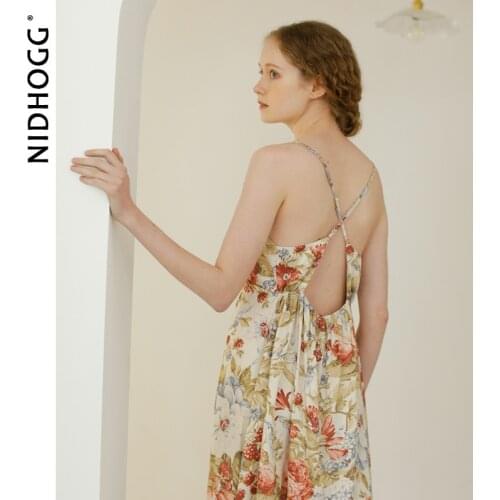 2020 Summer Retro Satin Flowers Backless Slit Sleeping Dress Sleeveless Spaghetti Strap Womens Lingerie Nightgown Sexy Sleepwear
