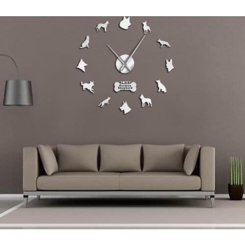 German Shepherd DIY Wall Clock Deutscher Schferhund Giant Watch With Big Needles Mirror Effect Alsatian Wolf Dog Wall Sticker