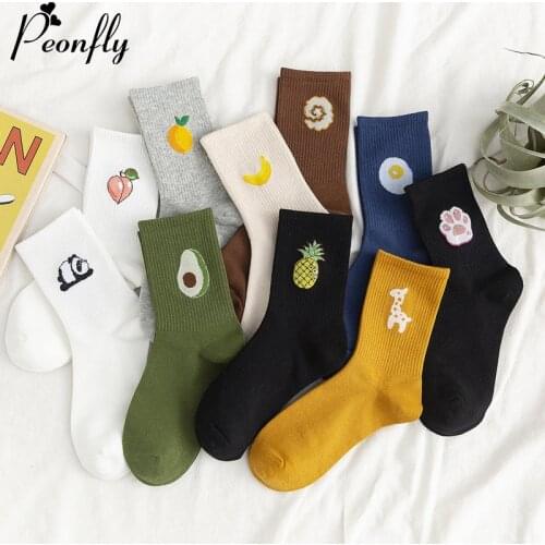 PEONFLY Ins Style Funny Animal Pattern Women Short Socks Cartoon Avocado Egg Giraffe Cotton Casual Happy Female Harajuku Socks
