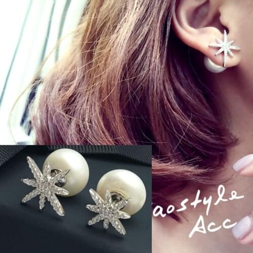 Newest Double Sided Earrings Charms Pearl Stud Earrings with CZ Crystal Flower