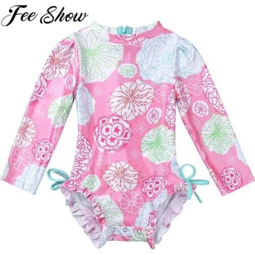 Newborn Infant Baby Girl Swimsuit Swimwear Long Sleeves Floral Printed One-piece Rash Guard Toddler Girls Swim suit Bathing Suit