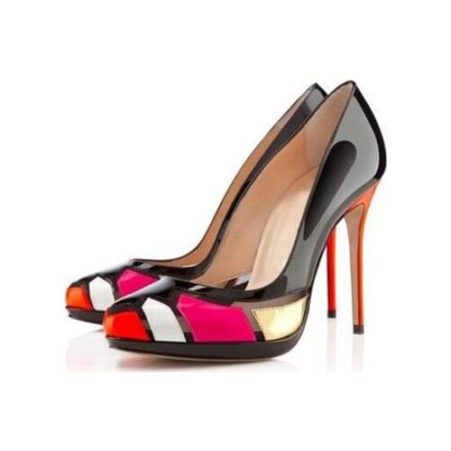 Sexy Ladies Multi Contrast Color Patent Leather Pumps Thin Stiletto Heel Pointed Toe Female Low Out Slip On Colorful High Heels