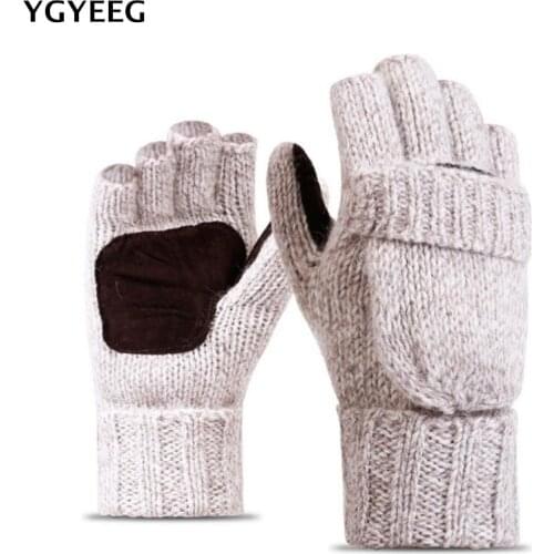 YGYEEG Thick Male Fingerless Gloves Men Wool Winter Warm Exposed Finger Mittens Knitted Warm Flip Half Finger Flip Top Gloves