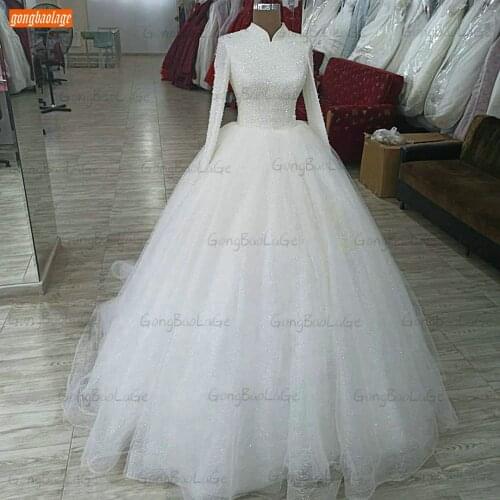 Real Photos Beaded Wedding Gowns White Moslem Long Sleeves Abito Da Sposa 2021 Arabian Bride Dresses Custom Made Suknie Slubne