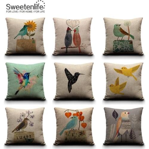 Sweetenlife Cotton Linen Sofa Cushion Covers Wholesale Pillowcases Decorative Pillows Covers Hand-painted Bird Sofa Cushion 45CM