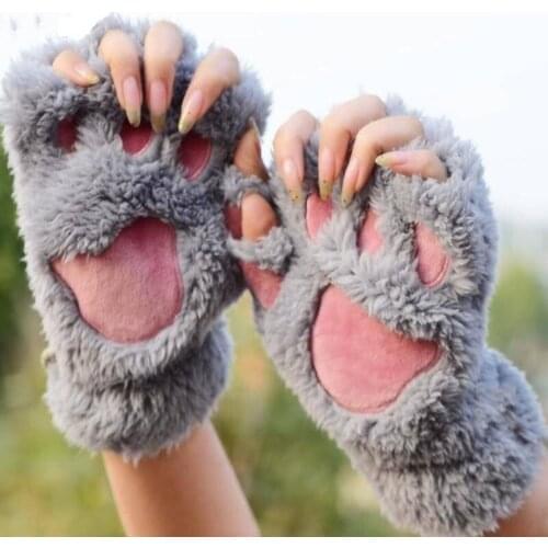 Fashion Womens Ladies Cat Claw Paw Mitten Plush Glove Costume Cute Winter Half Finger