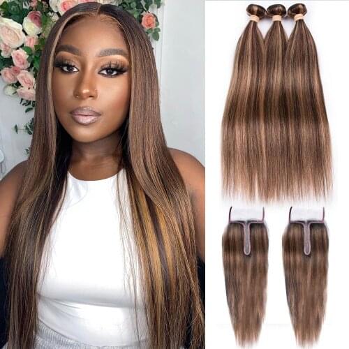 2x6 Highlight P4/27 Brazilian Hair Weave Bundles With Closure Human Hair Bundles With Lace Closure Remy Hair Bleached Knots