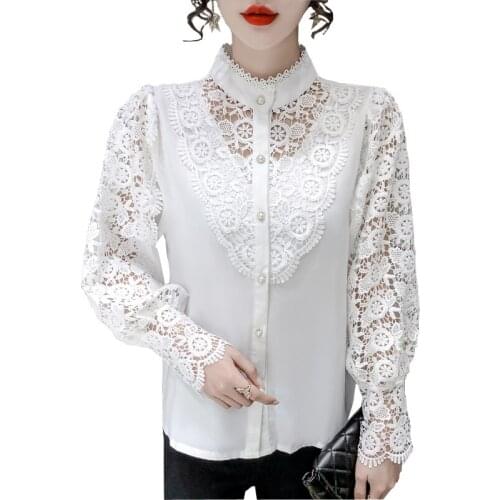2021 New Spring Autumn Women Vintage Stand Collar Lantern Long Sleeve Blouse Hook Flower Hollow Lace Patchwork White Shirt
