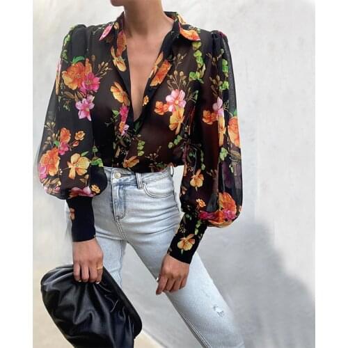 2021 Autumn Puff Sleeve Shirts Blouse Women Floral/Leopard Long Sleeve Lapel Buttons Vintage Shirts Elegant Blouses Tops Female