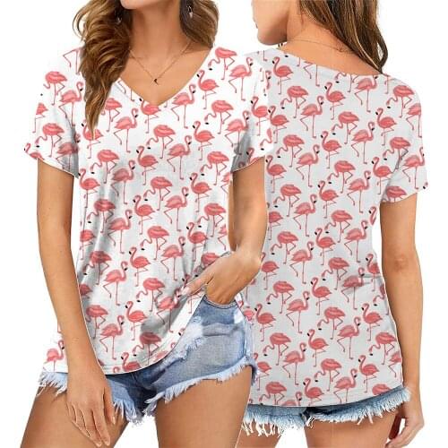 Fashion Flamingo Print T Shirt Women T Shirt Short Sleeve V Neck Loose Women Tshirt Summer Tops Clothes