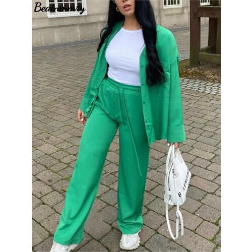 2021 Spring And Autumn Women Za Green High Waist Pants Suit Female Casual Long Sleeve V Neck Single Breasted Pant Two Piece Set