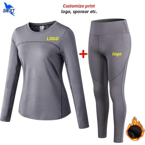 Custom LOGO Women Thermal Fleece Yoga Sport Suit Women Gym Fitness Long Sleeve Shirt+Leggings Running Set Sportswear Clothing