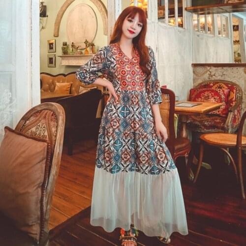 2020 summer womenswear Bohemian tourism beach dress retro print gauze patchwork embroidery long style dress Korean version dress