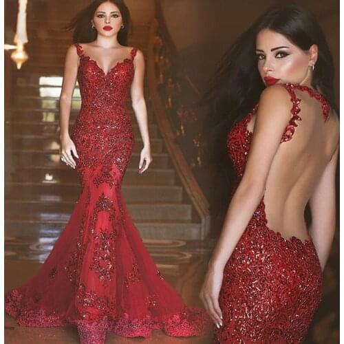 Sexy Long Evening Dress 2019 Sheer O-Neck Prom Gown Mermaid Party Dresses Red party dress Sequin Formal soiree Robe