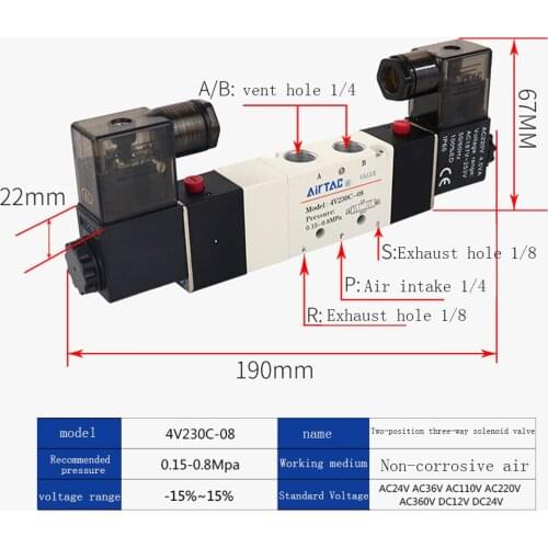 1pcs Pneumatic Parts 1/4'' Ports 4V230C-08 DC 12V 24V AC 110V 220V 3 Position 5 Way Air Solenoid Valve
