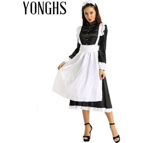 3Pcs Womens Adult Maid Cosplay Costume Outfit Long Sleeves Front Button Down Long Maxi Fancy Dress with Apron and Headpiece