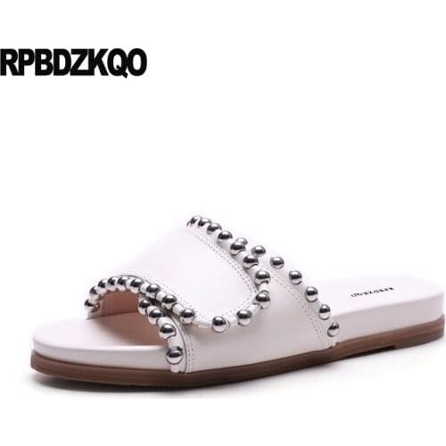 White Genuine Leather Women Sandals Flat Summer 2018 Beaded Comfortable Slip On Shoes Ladies Slides Open Toe Designer Flatform