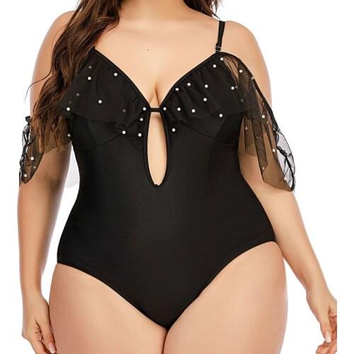 Black Mesh Ruffle Biquini Women Swimwear One Piece Plus Size Plunge Swimsuit Summer Beach Wear Larger Tankini Monokini Bodysuit