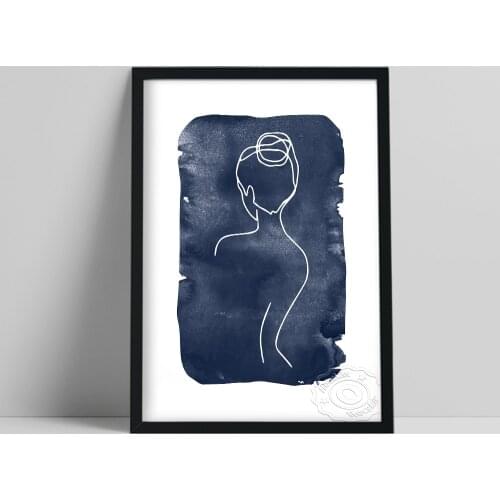 Woman Body Sketch Poster, Navy Blue Nude Line Wall Drawing, Female Silhouette Prints, Girl Naked Wall Art, Bedroom Home Decor