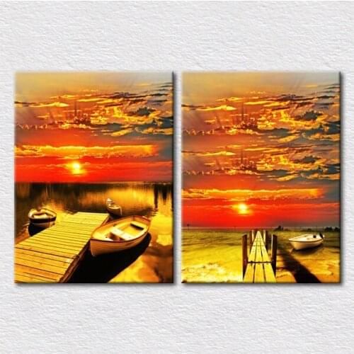 Fine Gift Canvas Print photos 2pcs set travel sencery pictures with gald color wall decoration pictures for bedroom