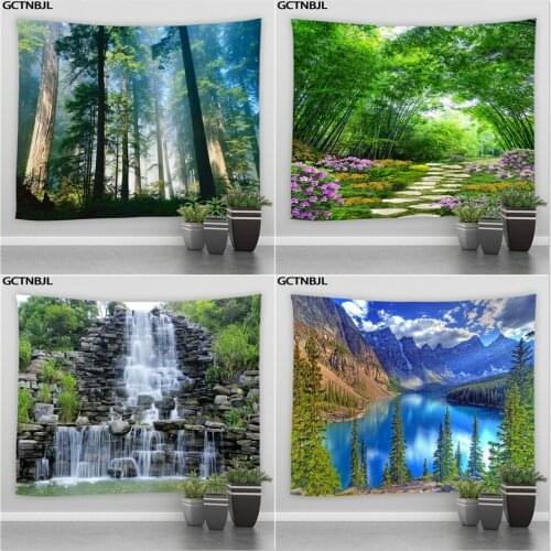 Forest Waterfall Landscape Wall Hanging Tapestry Green Bamboo Natural Scenery Hippie Bohemian Backdrop Tapestries Art Home Decor