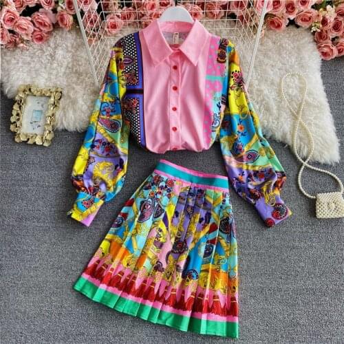 Menahem Women Luxury Print Shirt Top + Pleated Mini Skirt New 2021 Spring Autumn Vintage Long Sleeve Buttons Party 2 Piece Sets