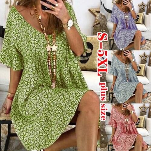 Summer Women Fashion Loose Flare Sleeve Printed Mini Dress Floral Sexy V-neck Short Skirt Large Size 5xl -40