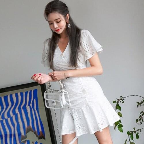 Fashion women new arrival hollow out mini trumpet dress comfortable temperament slim sexy vintage party white mermaid dress
