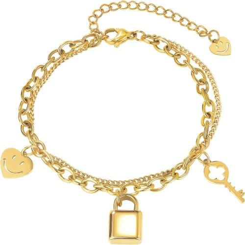 Fashion Key Lock Heart Smiley Women Bracelets Charms Stainless Steel Rose Gold Layered Chains Wrist Jewelry Bracelets For Girls