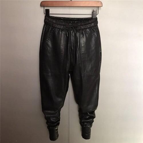 Men Pu Leather Harem Pants Casual Elastic Waist Motorcycle Trousers Black Hip-hop Pant Large Size