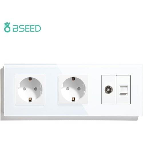 BSEED Double EU Wall Sockets 16A With PC TV Outlets RJ45 Television Plug White Black Golden Crystal Glass Panel 228*86mm
