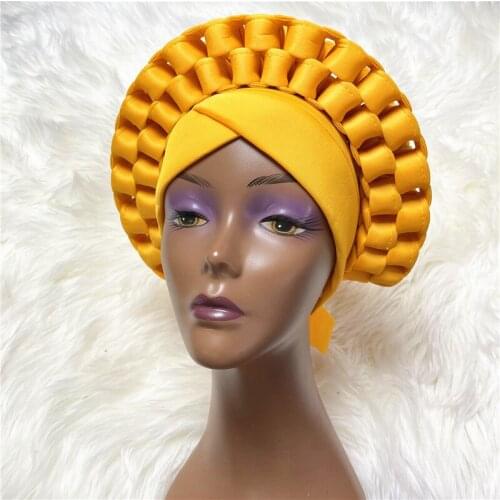 Nigerian Yellow Gele Headtie Aso Oke Gele Already Made Auto Gele Aso Ebi Headtie African Turban Cap with Colorful -LP30