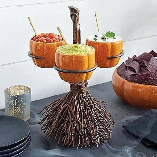 Halloween Snack Bowl Stand Home Party Broom Food Snack Rack Broomstick Snack Bowl Stand Resin Display Decoration Kitchen Device
