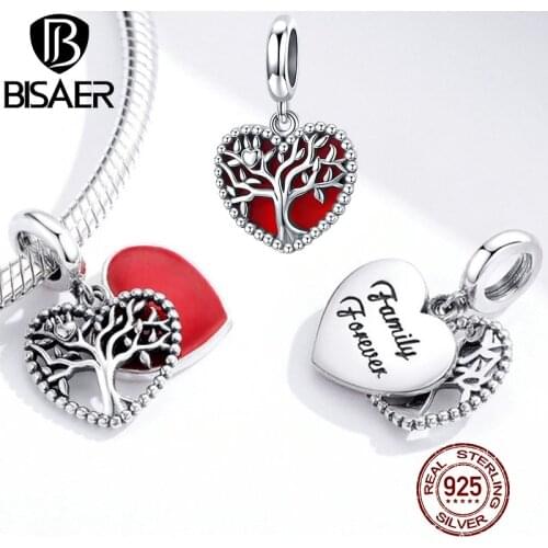 BISAER Tree of Life Charms 925 Sterling Silver Red Enamel Heart Bead Pendant DIY Bracelets Necklace Wedding Jewelry Gift ECC1556