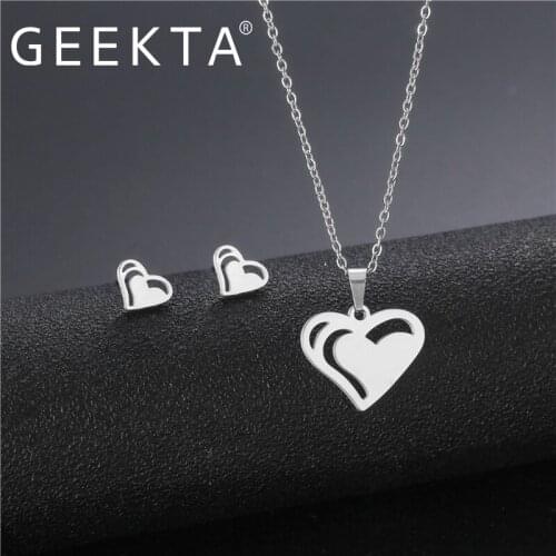 Simple Glossy Double Love Hollow Necklace Stainless Steel Earrings Set INS Korean Temperament Silver Colour Clavicle Chain Jewel