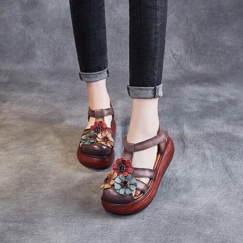 Women Sandals Genuine Leather 2021 New Summer Women Shoes Buckle Strap Retro Wedges Casual Platform Ladies Sandals