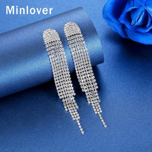 Minlover Silver Color Crystal Long Tassel Drop Earrings for Women Rhinestone Statement Bride Earrings Wedding Jewelry MEH1423