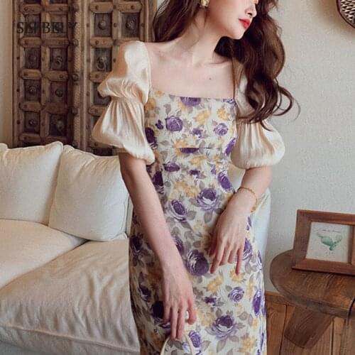 SLPBELY Women Flance Purple Flower Dress Summer Elegant Puff Sleeve Fairy Party Dress Chic Hepburn Square Collar Dress Sundress