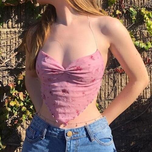 Women Sexy Halter V-Neck Backless Crop Top Floral Print Sheer Mesh Corset Camisole Irregular Triangle Hem Bustier Vest