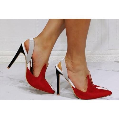 Dipsloot New Woman Sexy Red White Suede Patchwork Pointed Toe Pumps Ladies Stiletto Heels Slingback Elastic Band Shoes