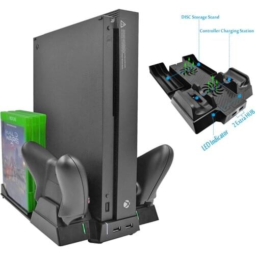 For Xbox one X ONEX 1X Game Console Vertical Cooling Stand Cooler Fan Controller Charger w/ 2 HUB Port 6pcs Discs Storage Holder