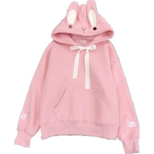 Harajuku Rabbit Ears Hooded Women Fleece Sweatshirt Casual Loose Long Sleeve Hoodies Sweatshirt Female Autumn Warm Pullover Tops