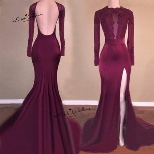 Women Courte Burgundy Long Evening Dresses Lace Beads Sexy Prom Dress Split Side Backless Party Pageant Gowns Abendkleider Gala