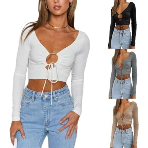Women Solid Color Pullover Deep V-neck Long Sleeve Backless Crop Tops S M L XL