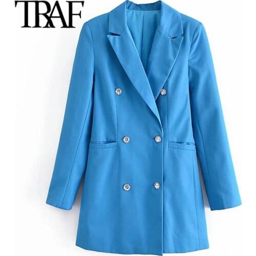 ZHENBAILI Za Woman 2021 Casual Traf Jacket Autumn Notched Collar Double Breasted Slim Blazers Office Female Blue Long Coats