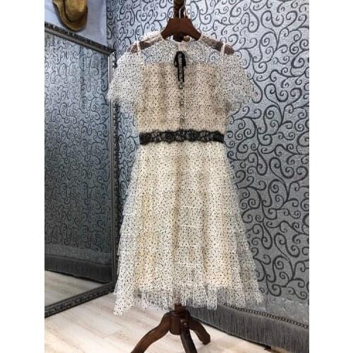 New Korean Style Dress 2021 Summer Women Polka Dot Print Lace Patchwork Short Sleeve Slim Fitted A-Line Casual Vintage Dress