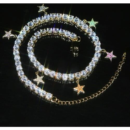 Fashion Star Pendant Iced Out Tennis Chain Link Necklace Dangle Five-pointed Star Clear Multi-colored CZ Women Choker Jewelry
