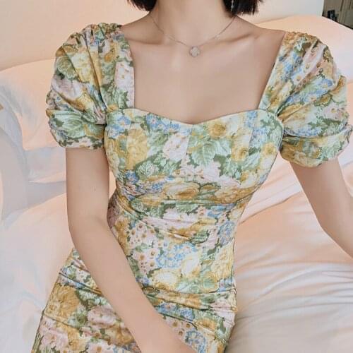 2020 summer new womens retro floral print shoulder strapless dress printing Knee-Length Sheath Office Lady