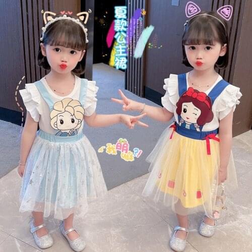 Girls Cartoon Suspenders 2-piece Girl Tutu Skirt Summer Dress 2021 Thin Net Gauze Princess Dress Girl Suspender Dress