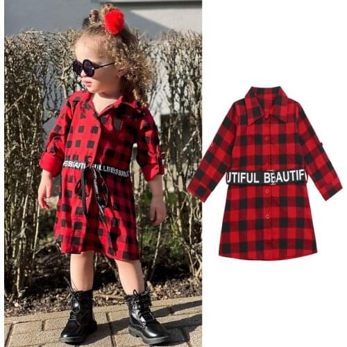 1-6Y Fashion Toddler Kids Girls Casual Dress Autumn Children Girl Plaid Long Sleeve Button Shirts Dress+Letter Belt Xmas Outfits